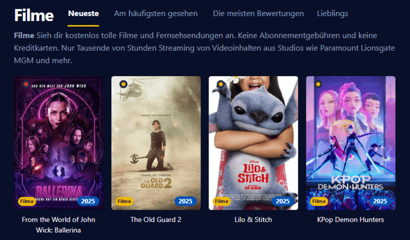 Screenshot der Benutzeroberfläche von Einschalten die eine moderne Streaming Plattform mit Filmen und Serien anzeigt